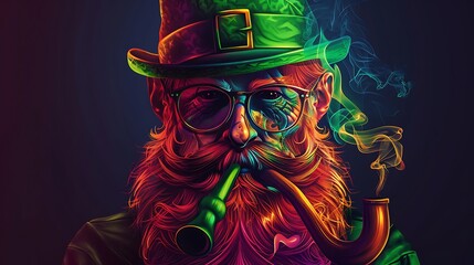 Cool abstract symbol of Saint Patrick's Day character leprechaun with green hat, red beard, smoking pipe and no face