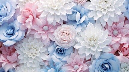 Beautiful soft pastel blue and pink color paper flowers for floral wallpaper banner background.