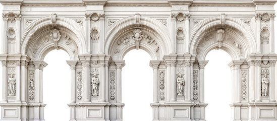Elements of architecture of buildings, ancient arches, columns, windows and apertures isolated on white transparent background, png