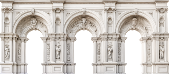Elements of architecture of buildings, ancient arches, columns, windows and apertures isolated on white transparent background, png