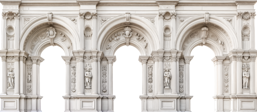 Elements of architecture of buildings, ancient arches, columns, windows and apertures isolated on white transparent background, png