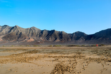 Landscape from Cofete beach in Fuerteventura in Jandia Natural Park with Atlantic ocean