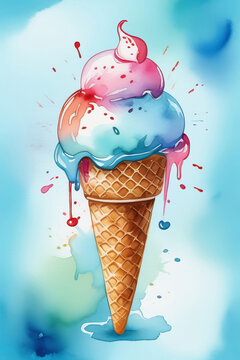 A vibrant watercolor art piece depicting a colorful ice cream cone on an azure background. Copy space. The liquid like gesture of the gelato contrasts beautifully with the aqua ingredient