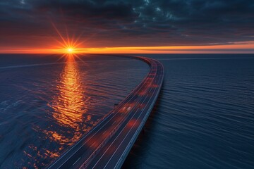 A highway extending over the sea leading to a sunrise, with the sun's rays reflecting off distant ocean waves. The lighting is reflective, creating a serene and picturesque morning seascape