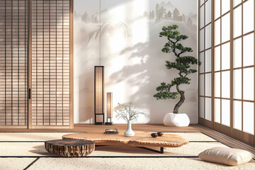 Living room with a wooden table in Japanese style