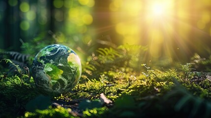 Earth Day. Environment. Green globe in forest with moss and defocused abstract sunlight. Nature's harmony captured.