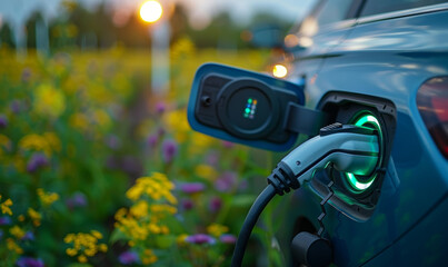 Electric car being charged with a power cable connected, with a blurred background of flowers at dusk. Eco-friendly transportation and sustainable energy concept for design and print. 