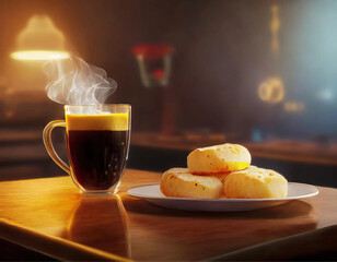 Uma xícara de vidro com café quente e um prato com biscoitos de queijo sobre mesa de cafeteria. - obrazy, fototapety, plakaty