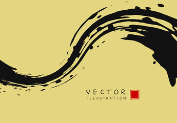 Abstract ink background. Chinese calligraphy art style, black paint stroke texture on yellow paper.