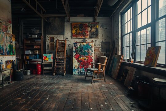 Sunlit Artist Studio Interior with Easel and Paintings &ndash; Creative Workspace Loft with Natural Light