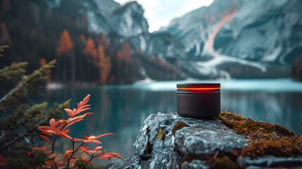 a black and red cosmetic container sitting on a rock in the mountains, in the style of photo-realistic landscapes