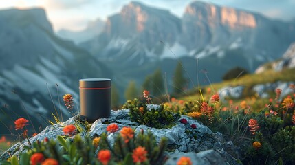 
a black and red cosmetic container sitting on a rock in the mountains, in the style of photo-realistic landscapes