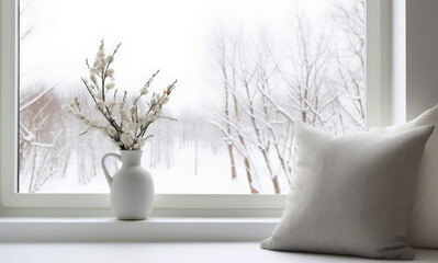 Сozy and frost winter still life: hot tea or coffee warm woolen knitting decoration on windowsill against snow landscape from outside.