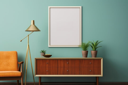 mockup blank white poster frame on wall with furniture in living room interior at house background. picture frame, interior design, architecture, interior design, home decoration concept
