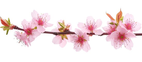 A branch of a cherry tree with delicate pink flowers, isolated on a white background. The vibrant blooms stand out against the stark backdrop, showcasing the beauty of natures blossoming process.