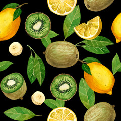 Watercolor seamless background. Ripe fruits: kiwi, banana slices, lemons, fruit slices, leaves, hand painted with watercolors on a black background. For printing on fabric and paper, kitchen, dishes