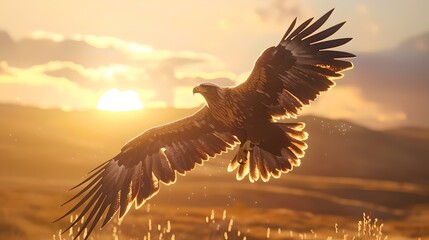 Obraz premium Majestic eagle in flight against golden sunset sky over rolling hills