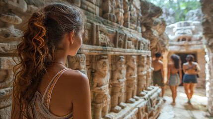 tourist woman in a tourist ruins on a hot day