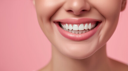 Obraz premium Perfect white teeth, Hollywood smile on a beautiful girl on a pink background