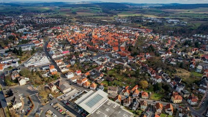 Aerial view around the old town of Alsfeld in Hessen on a sunny day in fall	
