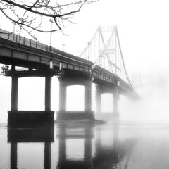 The waterfront is cloaked in a dense mist, transforming it into a realm of hidden enchantment.