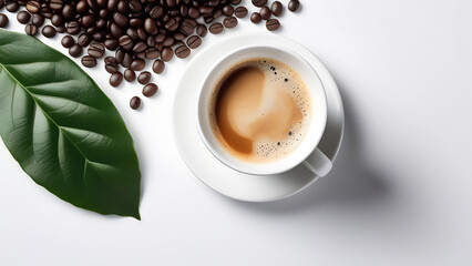 Hot espresso in white cup and coffee beans on the light background, morning routine, poster, top view, close up