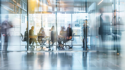 A group of professionals is engaged in a business meeting inside a modern conference room with glass walls and ambient lighting. - obrazy, fototapety, plakaty