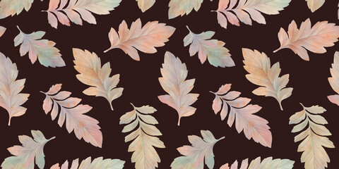Abstract botanical pattern, colorful watercolor leaves, seamless background..watercolor seamless background, foliage texture, delicate autumn oak leaves creating a pattern