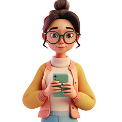A cute girl is holding a smartphone in her hands. White background, 3D style.
