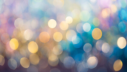 Abstract blur bokeh banner: Vibrant rainbow hues blend in pastel purple, blue, gold yellow, and...