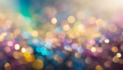 Abstract blur bokeh banner: Vibrant rainbow hues blend in pastel purple, blue, gold yellow, and white creating a mesmerizing backdrop