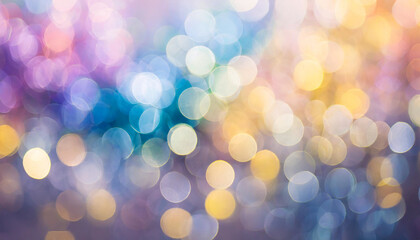 Abstract blur bokeh banner: Vibrant rainbow hues blend in pastel purple, blue, gold yellow, and...