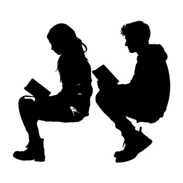 Silhouette teenager girl and boy reading book together black color only