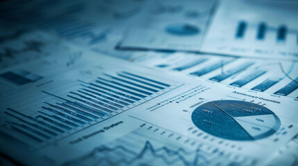 close-up of various financial charts and graphs with a blue theme, highlighting different types of data presentations such as pie charts, bar graphs, and line charts.
