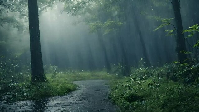 Raining in forest, ambient nature video, stock video, 4k animated seamless loop,  seamless looping overlay 4k virtual video animation background, rain ambience, seamless ambience, 4k raining ambience