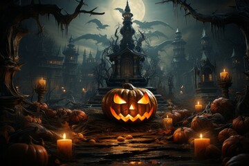 a pumpkin with a face carved into it is surrounded by pumpkins and candles in a cemetery - obrazy, fototapety, plakaty