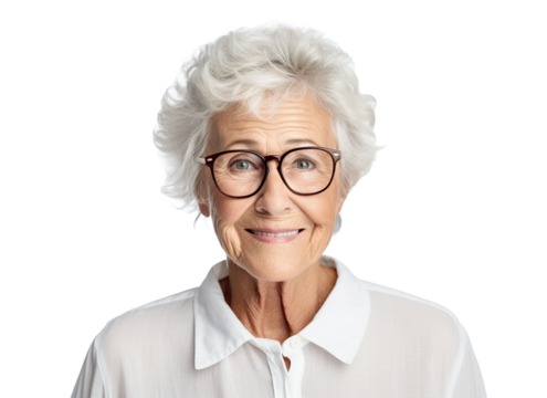 Portrait of a smiling senior woman with white hair, cut out