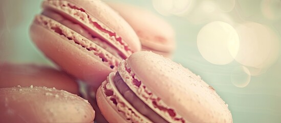 A close-up view of a persons hand holding delicate pink macaroons. The vintage-style French treats are captured with a retro filter effect, showcasing their intricate details.