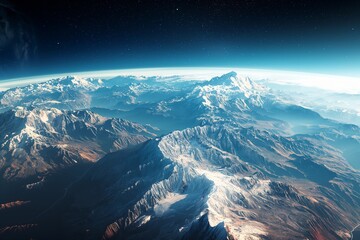 A detailed panoramic view from space focusing on Earth's majestic mountain ranges, such as the Himalayas or the Andes. 8k