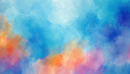 Vibrant blue watercolor backdrop with lively orange-pink borders and a radiant center, ideal for...