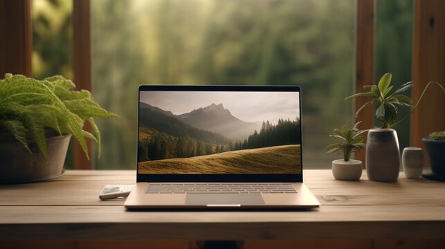 A minimalist shot of a laptop displaying code on a wooden desk, creating a serene and focused coding space with natural elements.