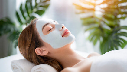 woman in spa mask lies with closed eyes on white background