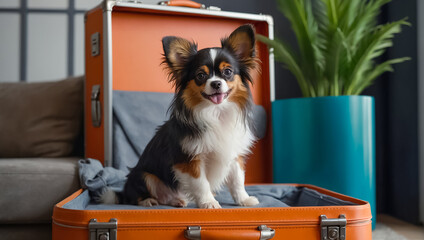 Cute dog with a suitcase in the apartment voyage