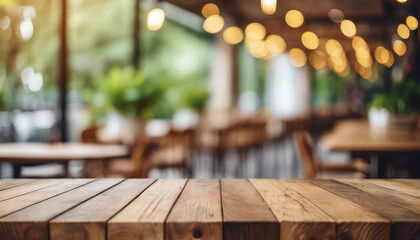 Empty wooden table with blurred restaurant background, space for caption. Symbolizes dining ambiance and potential for storytelling