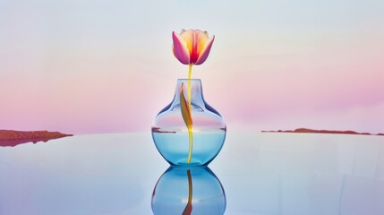 Single tulip magnified through the curves of a clear glass vase against a pastel dawn, epitomizing grace and simplicity