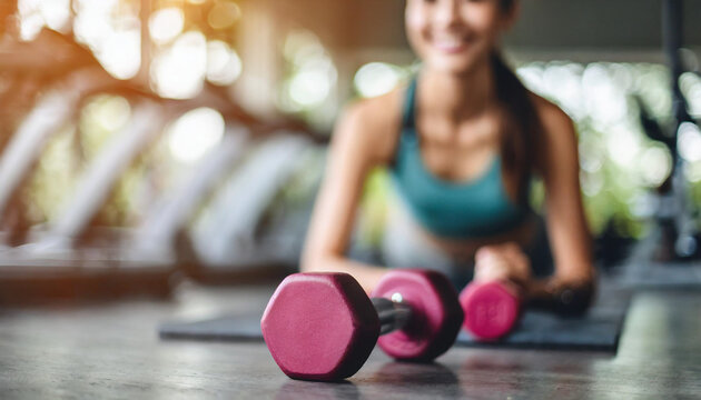 dumbbell, blurred background of slim Caucasian woman, symbolizing fitness, determination, and body image aspirations