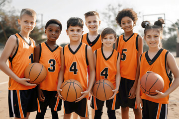Happy team of junior basketball players on the training field. Teenagers as teammates in the basketball team. School basketball team standing on a sunny summer day