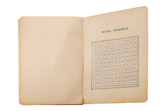 Pythagorean table printed on antique notebook with pages that have yellowed with time