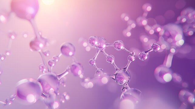 A dynamic image of neurotransmitter molecules, transparent and in motion, against a serene purple background, representing neuroscience and brain chemistry. 8k