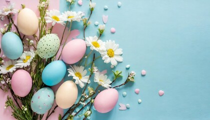 easter background with easter eggs in pastel colors and flowers on a light pink and blue background...